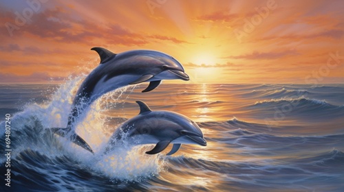 Dolphins gracefully leaping and twirling in a beautifully rendered ocean setting, complete with realistic waves.