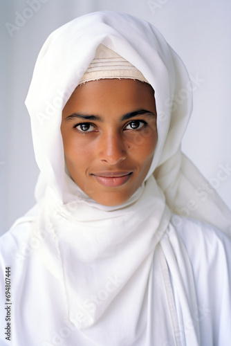 a woman wearing a white headscarf and a white scarf