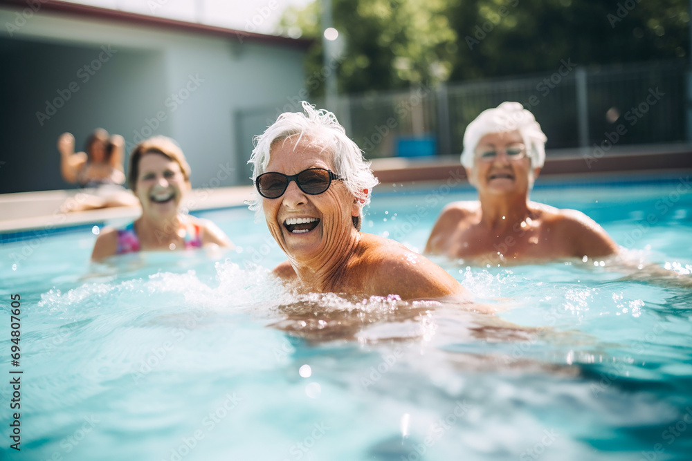 Active older women enjoy swimming in the pool, happy and healthy, summer, heat, sunglasses