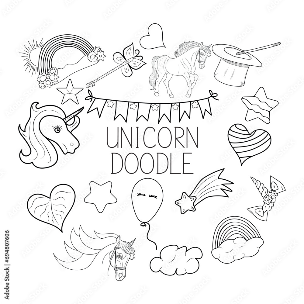 unicorn doodle art illustration, hand-drawn unicorn elements
