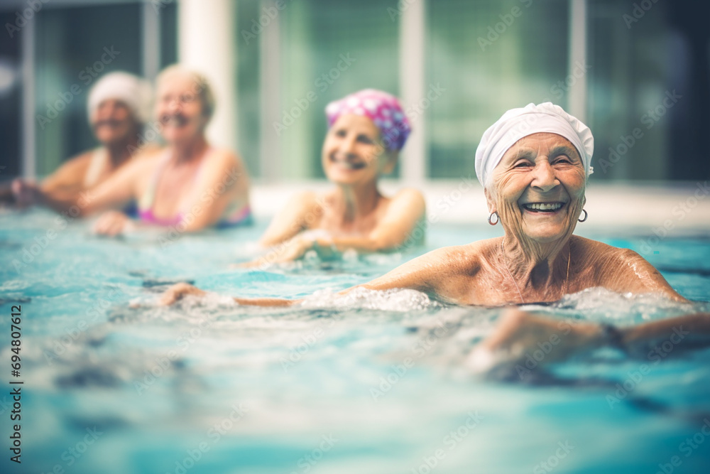 Active senior women enjoying water aerobics class in the swimming pool, joyful and healthy Active senior women enjoying water aerobics class in the swimming pool, joyful and healthy