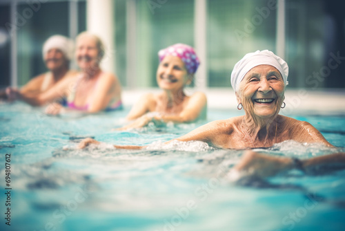 Active senior women enjoying water aerobics class in the swimming pool, joyful and healthy © Рика Тс