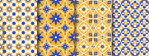 Set of 4 seamless patterns in the style of Portuguese tiles made in bright blue and yellow colors