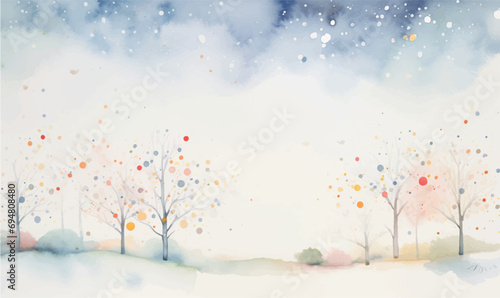 Watercolor christmas background landscape with snow