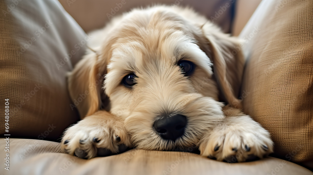 Adorable puppy dog sleeping on the couch created with Generative AI technology Adorable puppy dog sleeping on the couch created with Generative AI technology
