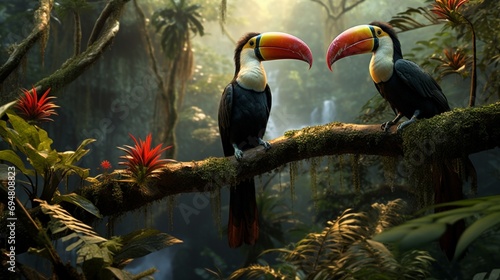 Hornbills perched on intricately designed branches in a 3D-rendered Southeast Asian jungle.
