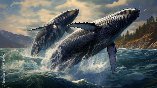 Humpback whales breaching and splashing in a highly detailed ocean environment, complete with realistic water effects. © UMAR_ART