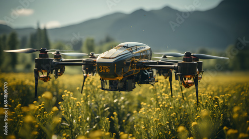 Drone flying over a green field with yellow flowers and cloudy sky.Drone flying over a green grass field with cloudy sky in the background.Advanced Agricultural Drone Against Sky for Precision.Ai