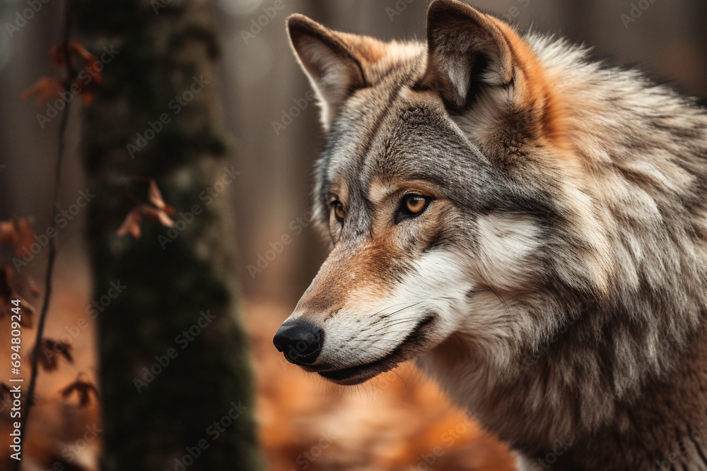Gray wolf in the autumn forest close-up, portrait