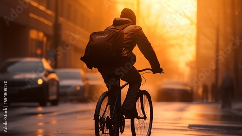 Person Commuting by bike early in the morning