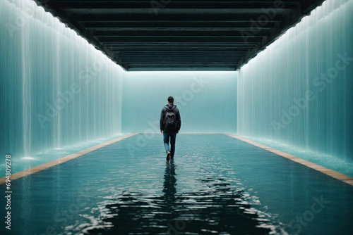 A Man Walking Through an Underwater Tunnel