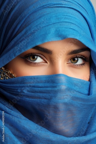 Close-up portrait of a beautiful Arab Muslim woman wearing a blue hijab. Only the eyes and direct gaze into the camera are visible.