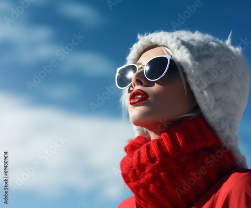 Fashionable young woman in red coat, sunglasses and fur hat over blue sky.