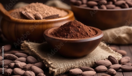 Cocoa beans and cocoa powder in a bowl. Concept of harvest, chocolate.