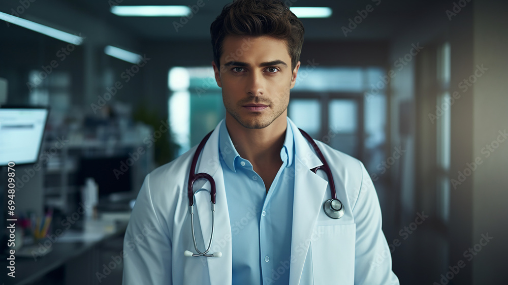 Portrait of handsome male doctor standing in office. Portrait of handsome male doctor at hospital. Portrait of handsome male doctor standing in office. Portrait of handsome male doctor at hospital.
