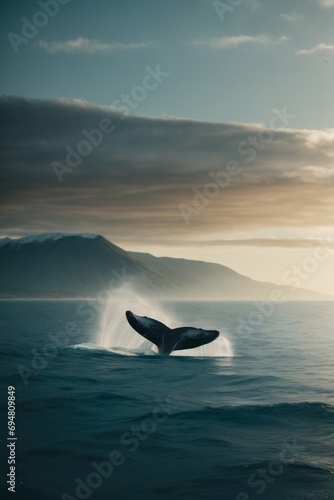 The tail of a whale in the ocean  open sea against the background of mountains and sunset.