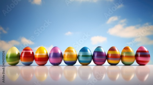 Rainbow of joy! Our image features Easter eggs lined up with different colors and patterns, creating a vibrant and festive scene. photo