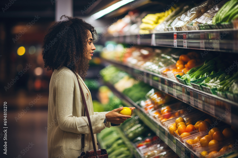 A young woman chooses fresh fruits or vegetables in a supermarket
