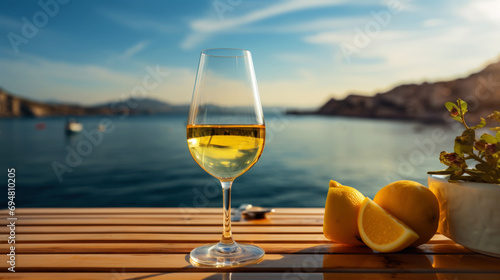 Close-up of a glass of white wine against of sea backdrop. Romantic trip concept. Generative AI
