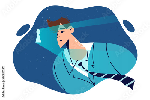 Man peeks through keyhole, wanting to find out secrets competitors business using espionage methods