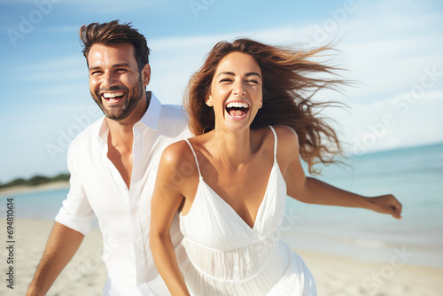 Young excited couple family man woman in casual clothes at sunrise over sea beach