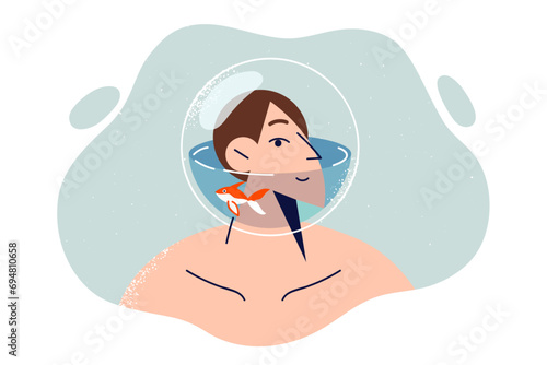 Introverted woman with aquarium on head symbolizes alienation and psychological disorder