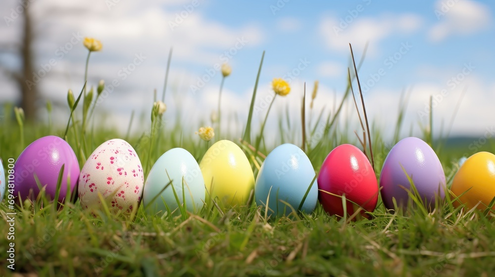 Our image captures a row of vibrant Easter eggs nestled in fresh green grass, creating a festive and colorful spring display. Perfect for Easter promotions