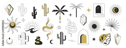 Vector bohemian linear logos. Boho logo cactus, sun, moon, crystals, palms, window and desert icons. Celestial mystic esoteric magic and geometric abstract design elements. Line symbols set. photo