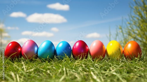 Our image captures a row of vibrant Easter eggs nestled in fresh green grass  creating a festive and colorful spring display. Perfect for Easter promotions