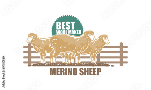 MERINO SHEEP THE WOOL MAKER LOGO, silhouette of great ram standin in farm vector illustrations