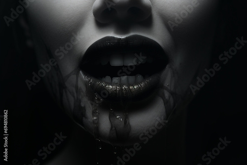 Horror, fine-art, make-up and fashion concept. Abstract and surreal screaming woman close-up portrait. Model face covered with futuristic fabric. Black and white image
