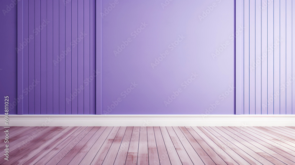 Elegant empty room with purple tall walls. Frame wall molding decorating. Wooden floor. Copy space. Generative AI - obrazy, fototapety, plakaty 