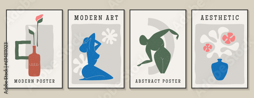 Contemporary matisse posters. Set of modern abstract wall art, aesthetic artworks with women silhouette figures, botanical plants and flowers in vase in minimalist style. Collection for decoration.