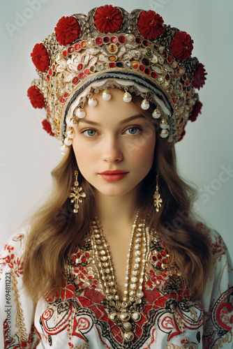 a woman wearing a red and white dress and a crown photo