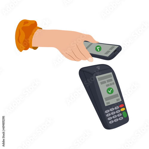 Pay for purchases using a phone with an NFC system. Vector illustration of a hand with a mobile phone and a terminal in flat style. photo