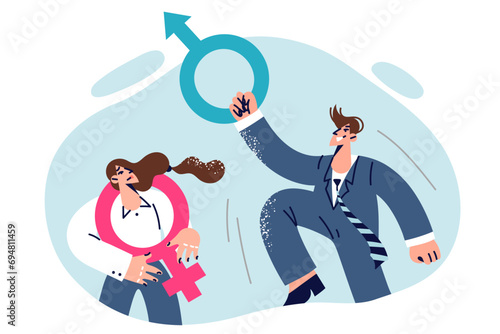 Problem of gender inequality causes discomfort in woman looking at man career success