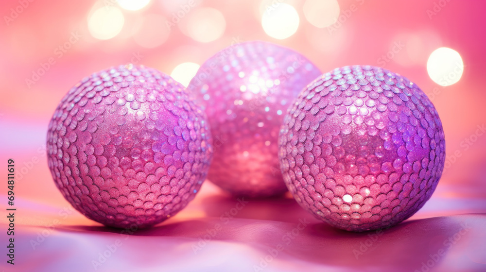 Three pink glittery balls on a soft surface with a glowing bokeh background. Three pink glittery balls on a soft surface with a glowing bokeh background.