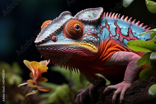 Vibrant chameleon blending into its tropical surroundings  Generative AI