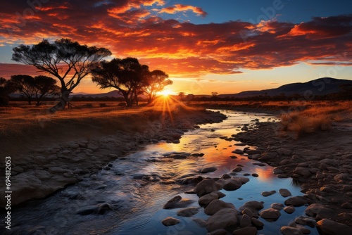 Breathtaking sunset over a vast African wildlife reserve, Generative AI © Shooting Star Std