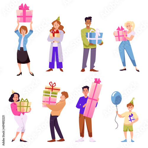 Set of happy people with gift boxes, cartoon flat vector illustration isolated on white background.