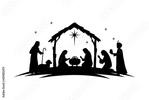 Silhouette Christmas christian nativity scene, illustration Birth of Christ, Christmas Manger scene with baby jesus