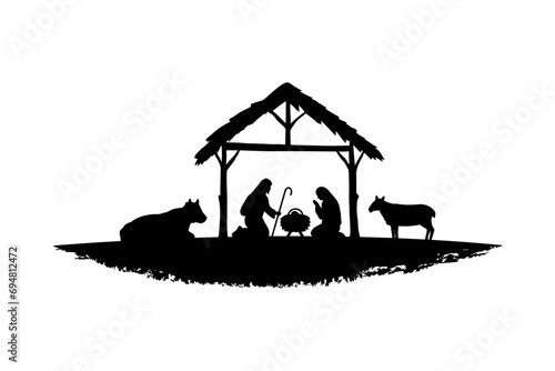 Silhouette Christmas christian nativity scene, illustration Birth of Christ, Christmas Manger scene with baby jesus