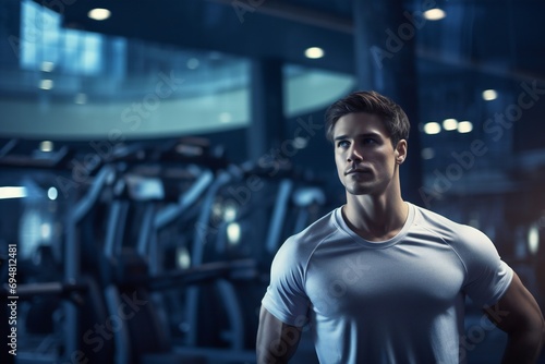 Serious muscular male instructor standing in modern fitness center, man after training