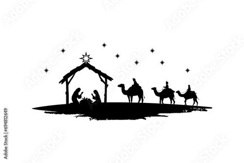 Silhouette Christmas christian nativity scene, illustration Birth of Christ © ommus
