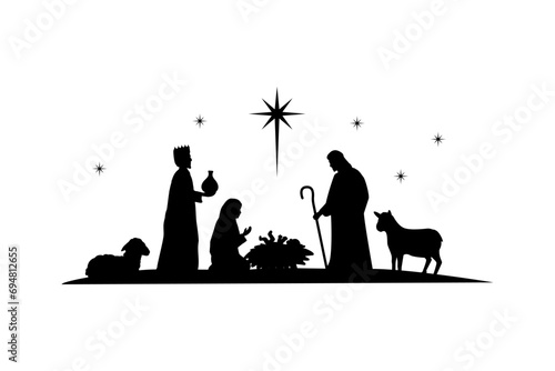 Silhouette Christmas christian nativity scene, illustration Birth of Christ, Christmas Manger scene with baby jesus