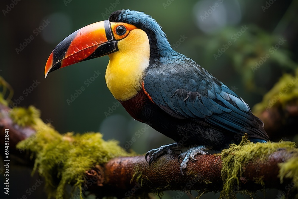 Fototapeta premium Colorful toucan perched on a tree branch, Generative AI