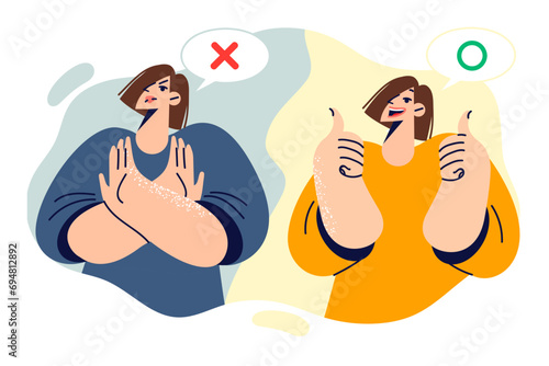 Women show stop gesture and thumbs up, demonstrating different reactions and lack of solidarity