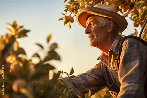 Content Apple Picker at Golden Hour in Expansive Orchard photo