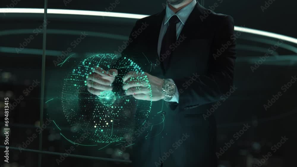 Businessman with Internet des objets in French, Internet of Things hologram concept