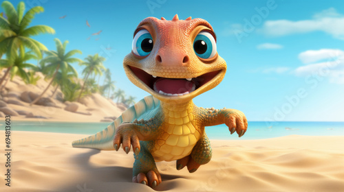 cheerful iguana running on a sandy beach. © Taia